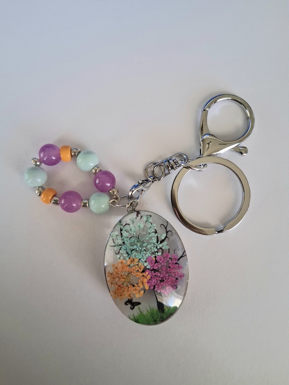 Resin Tree Floral Keychain with Pastel Bead Loop - Handmade